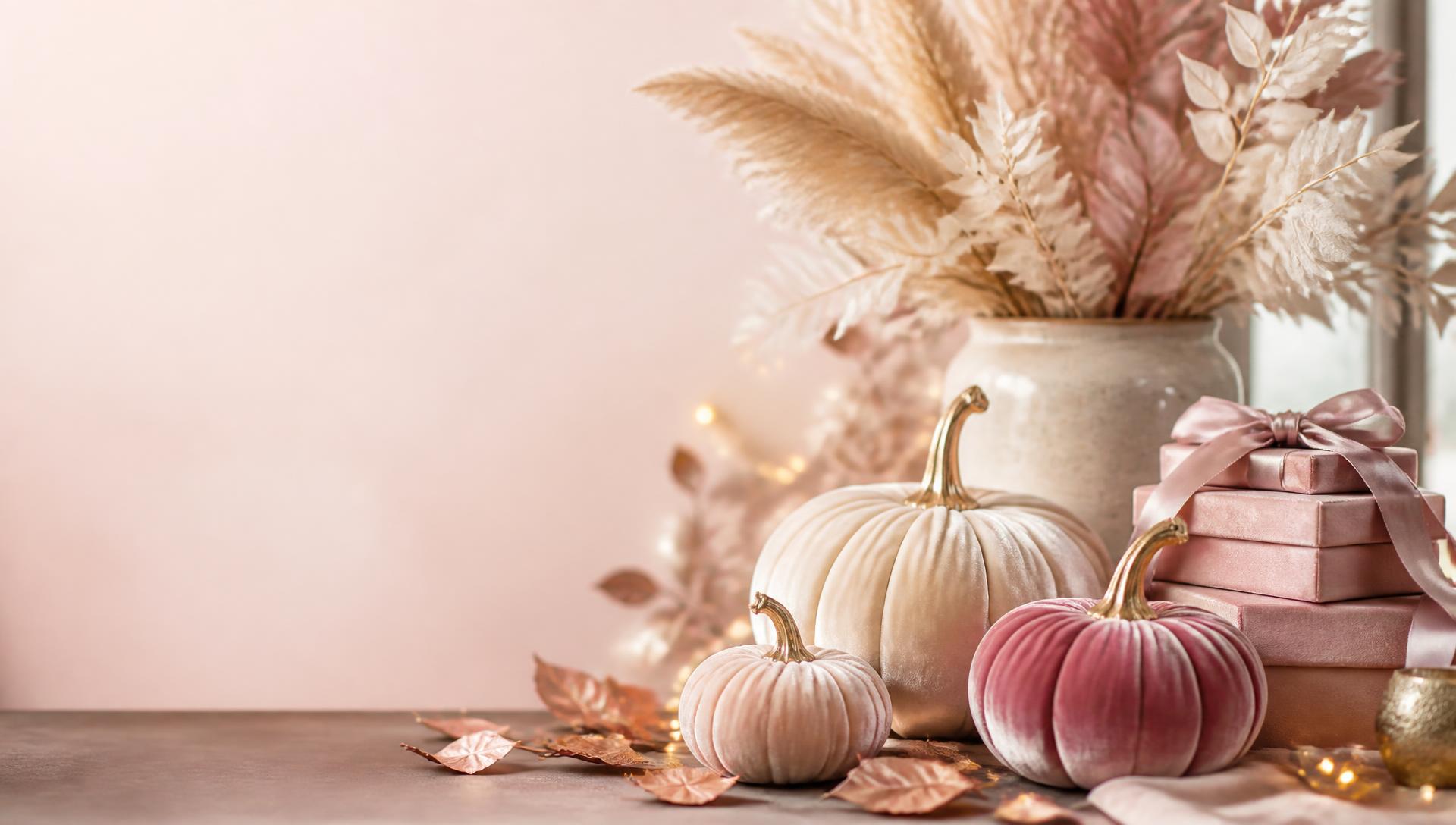 Autumn banner styled with cream and rust velvet pumpkins, dried pampas grass and a blush satin ribbon