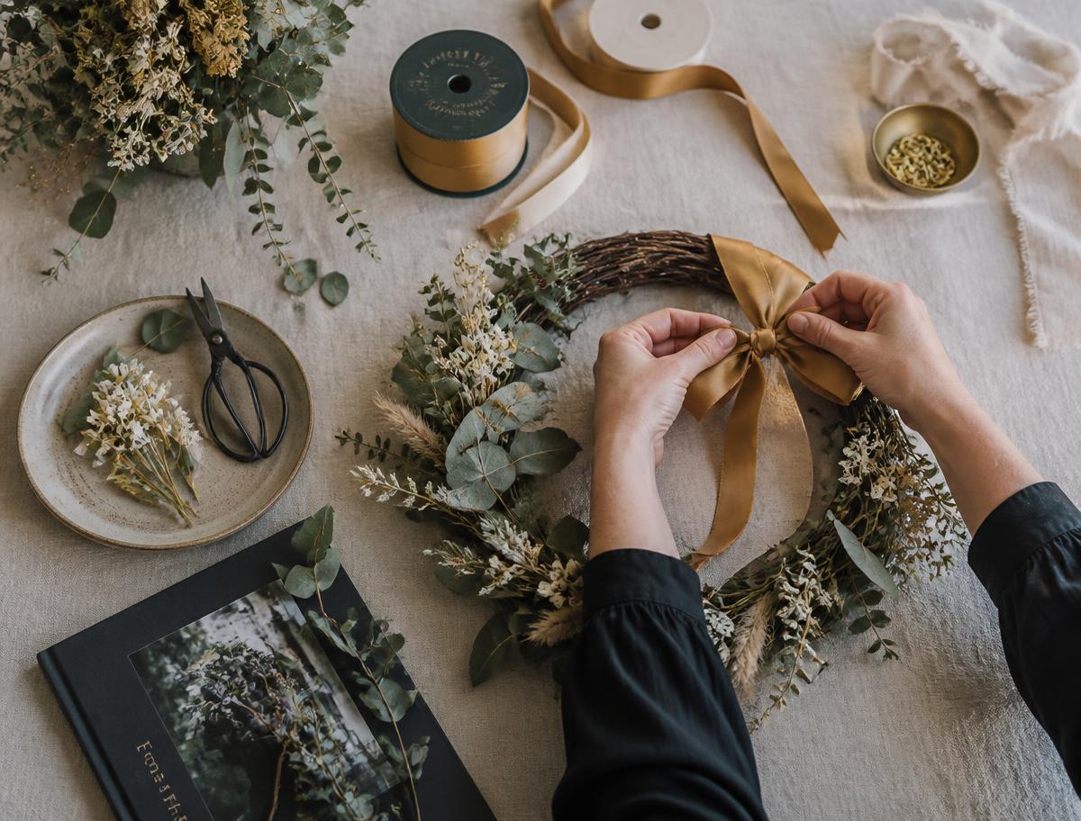 Maker tying a gold ribbon onto a handmade dried flower arrangement on a linen covered worktable